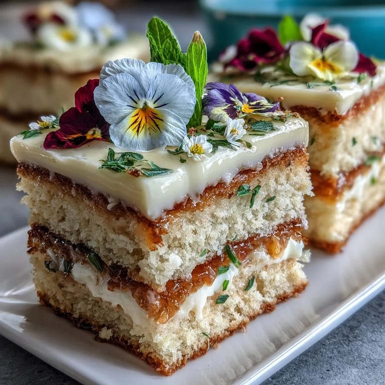 Elegant spring cake with lemon curd filling, topped with fresh whipped cream and an array of pressed edible flowers for a garden-inspired dessert.
