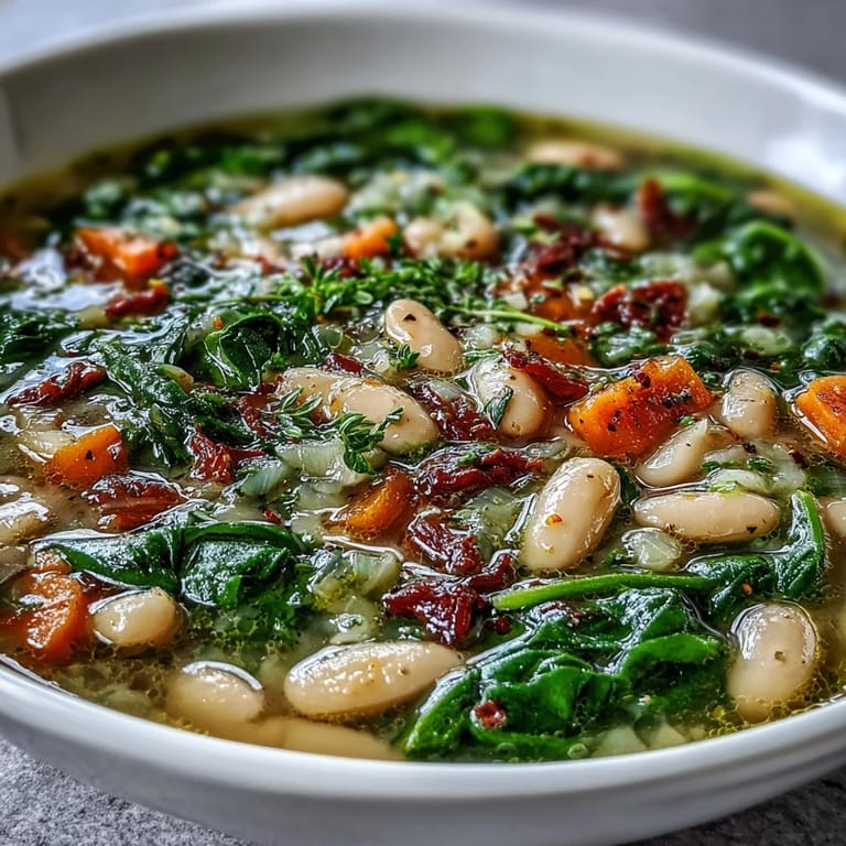 Slow-cooked Tuscan White Bean and Spinach Soup, packed with tender vegetables and creamy beans, served with a slice of crusty bread.