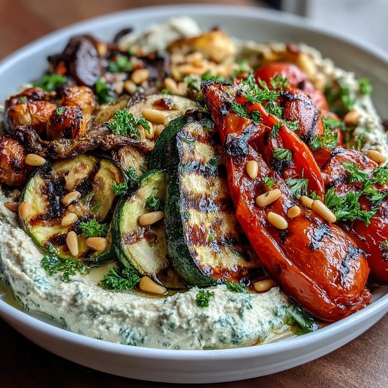 Healthy Mediterranean-inspired veggie platter featuring grilled seasonal vegetables and rich, creamy hummus, garnished with parsley and pine nuts for added flavor and texture.