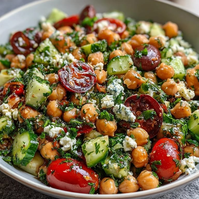 Vibrant cold chickpea salad with lemon herbs, featuring crisp cucumbers, juicy tomatoes, and bright parsley-mint dressing.