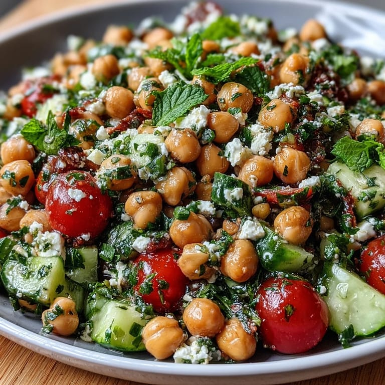Mediterranean-inspired cold chickpea salad with lemon herbs, packed with colorful vegetables and tangy lemon-garlic vinaigrette.
