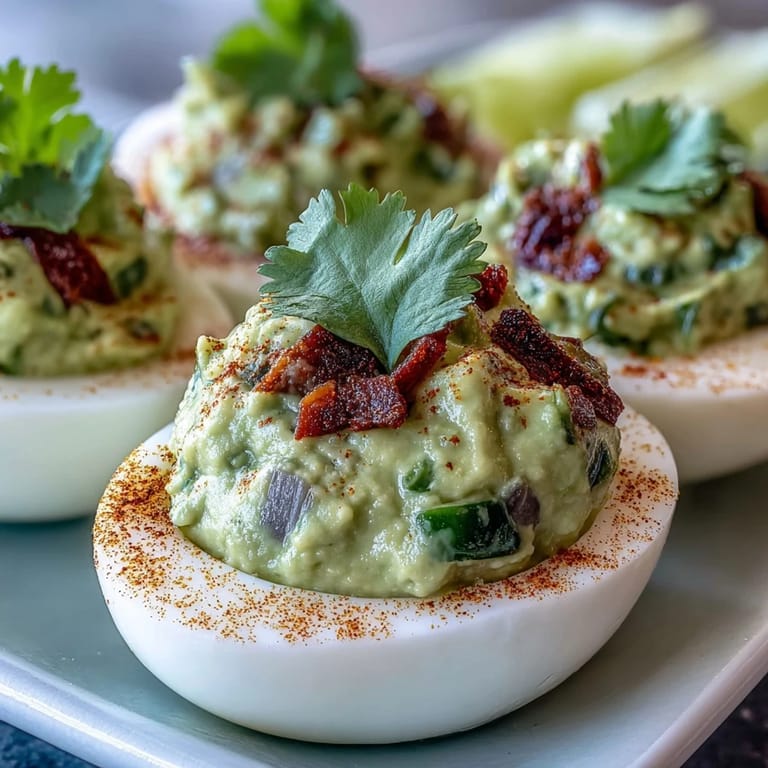 Smoky paprika-topped deviled eggs filled with rich guacamole for a bold, flavorful bite.