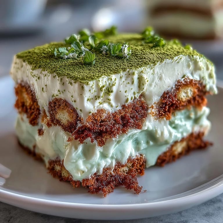 Elegant Matcha Tiramisu dessert with light, airy layers of green tea-soaked biscuits and velvety mascarpone filling.