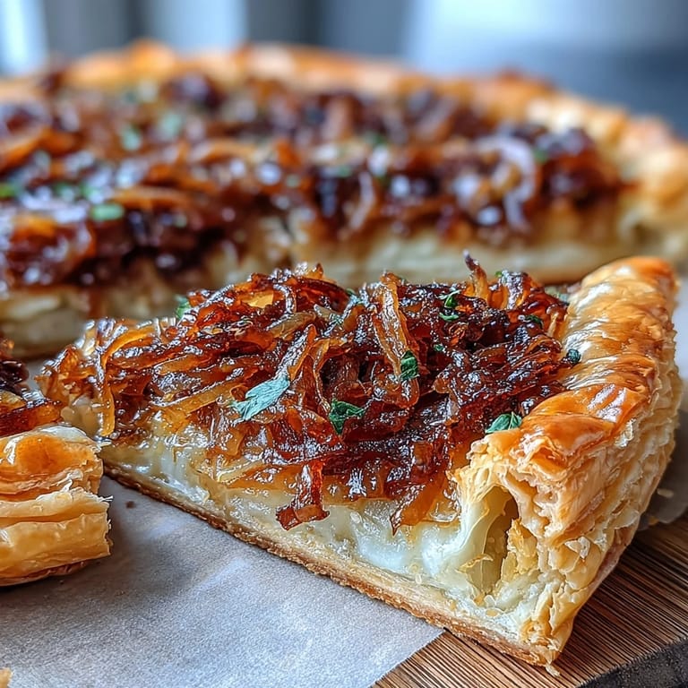 Savory French Onion Puff Pastry Tart featuring deeply caramelized onions, nutty Gruyère, and aromatic thyme in crisp puff pastry.