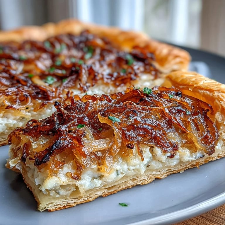 Elegant French Onion Puff Pastry Tart with sweet golden onions, melted Gruyère, and fragrant thyme atop buttery layers.