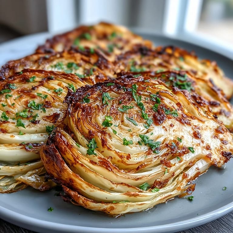 Crispy-edged cabbage steaks baked to perfection, drizzled with olive oil, garlic, and a bright splash of fresh lemon juice.  