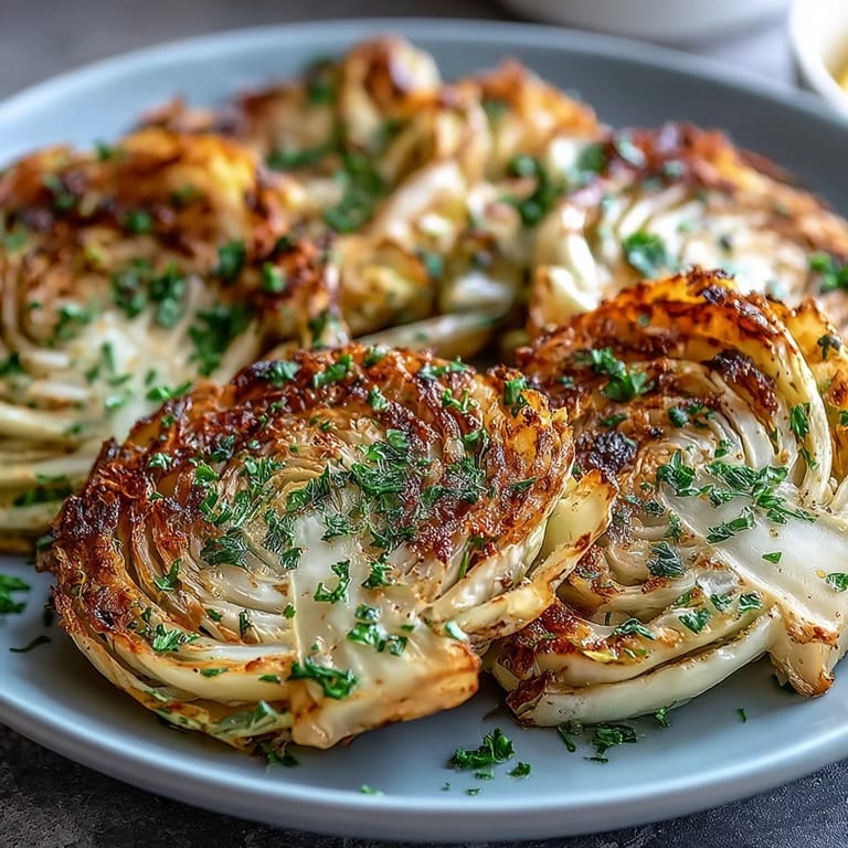 Flavorful roasted cabbage steaks with smoked paprika, served hot with parsley and lemon for a simple, colorful vegan meal.