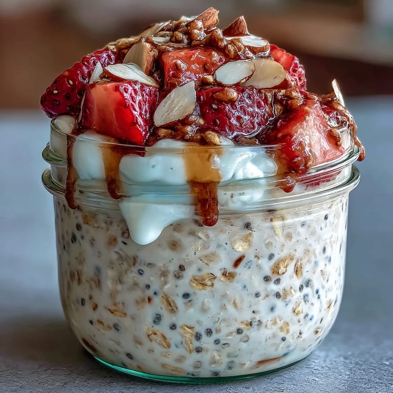 Wholesome overnight oats bursting with fresh strawberries and vanilla flavor.