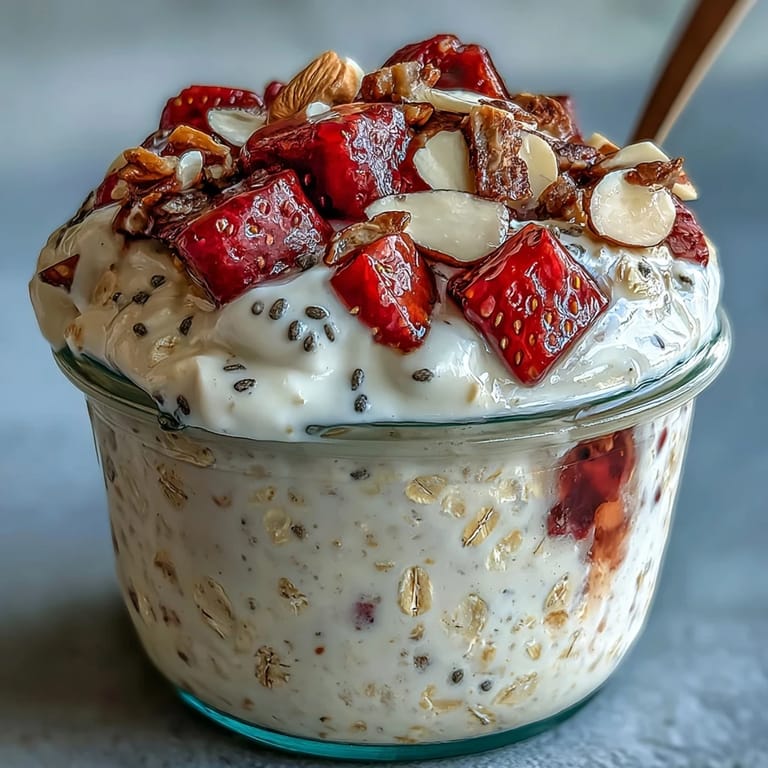 Delicious overnight oats with vanilla and vibrant sliced strawberries for sharing.