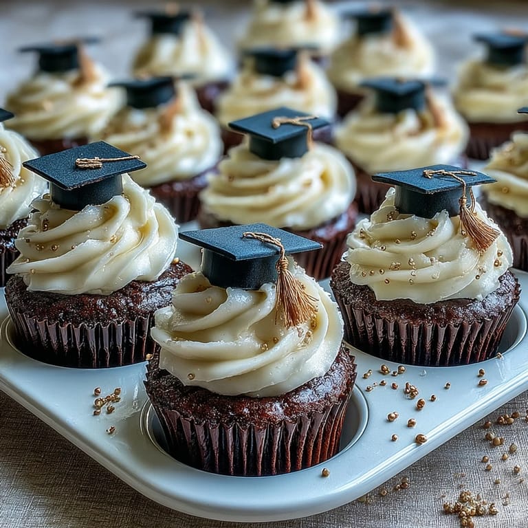 Decadent Graduation Cupcakes crowned with shiny black and gold fondant caps.