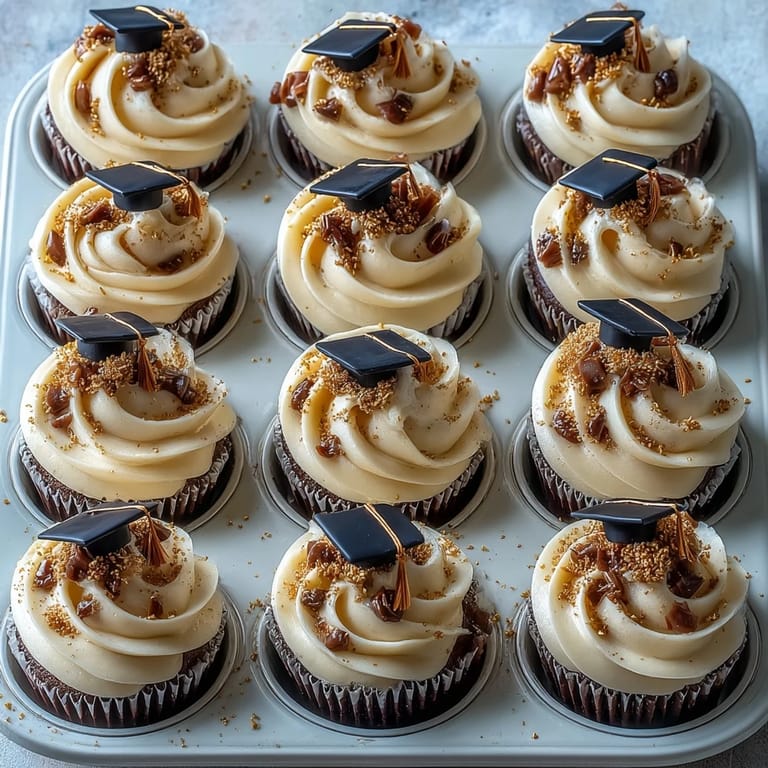 Sweet vanilla Graduation Cupcakes celebrate with handcrafted, shimmering black and gold caps.