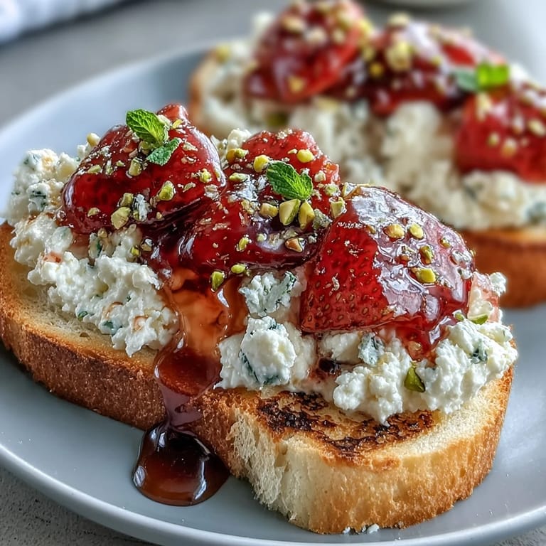 Gourmet strawberry honey ricotta toast topped with crunchy pistachios and sweet drizzle.