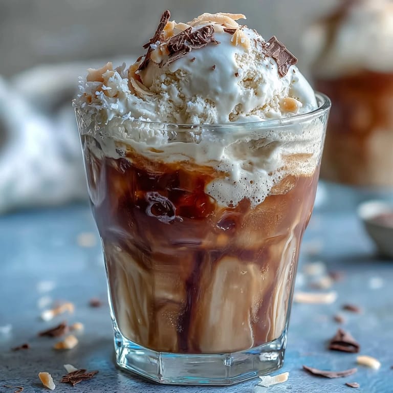Tropical coconut cold brew float with rich vanilla bean ice cream, ready to enjoy.