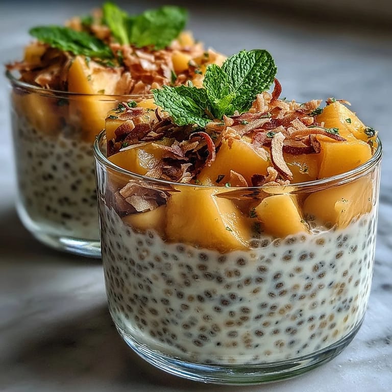 Vegan mango chia pudding with luscious coconut milk and vibrant mango pieces, served chilled.