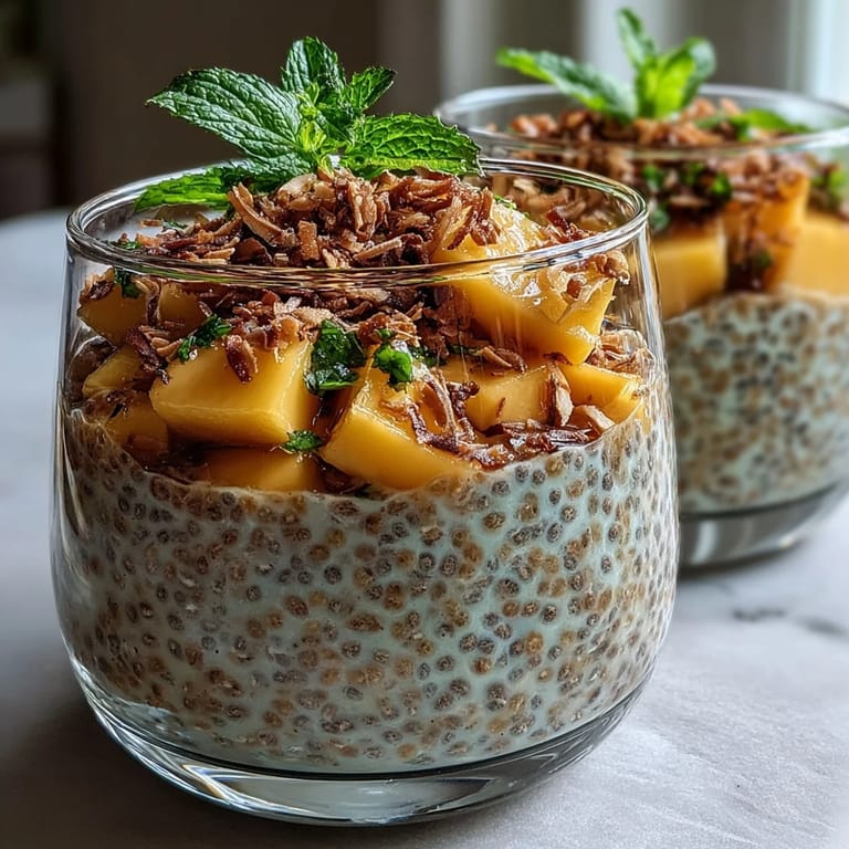 Tropical chia pudding topped with juicy mango and toasted coconut, perfect for breakfast or dessert.  