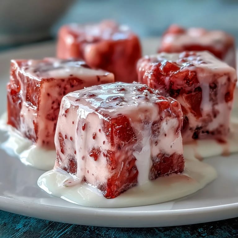 Vibrant strawberry rose gelatin mosaic cake, shimmering beautifully in a clear mold.