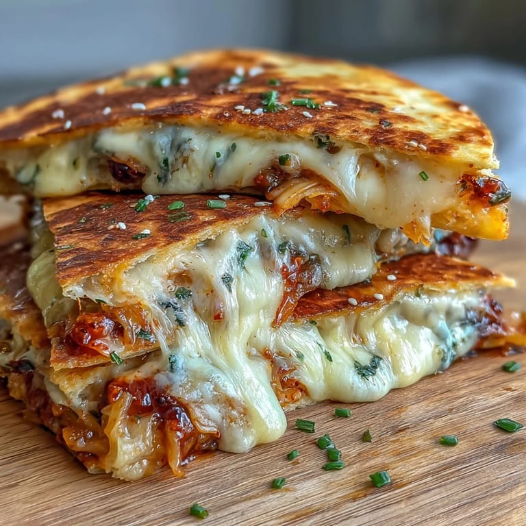 Crispy quesadilla stuffed with spicy kimchi, gooey mozzarella, and cheddar cheese, served hot with green onions for a bold, flavorful bite.