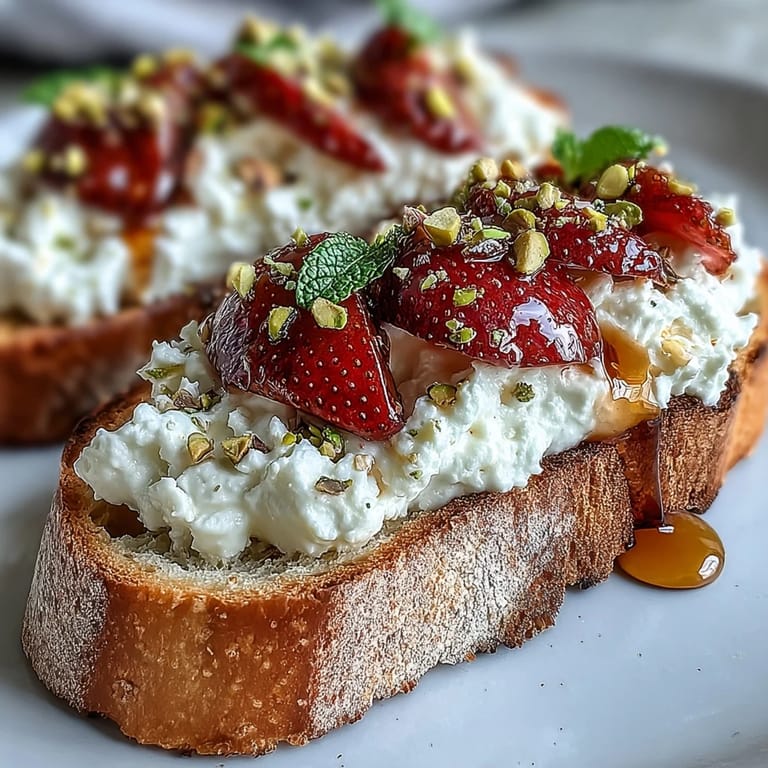 Whipped ricotta toast with strawberries, honey, and pistachios, elegantly breakfast-ready.