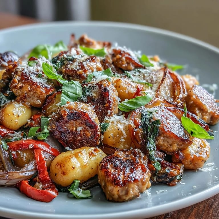 Flavorful one-pan meal of golden gnocchi, spicy sausage, and colorful bell peppers finished with fresh basil and herbs.