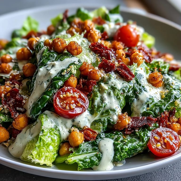 Vibrant vegan Caesar salad with crispy chickpea croutons and creamy dressing.