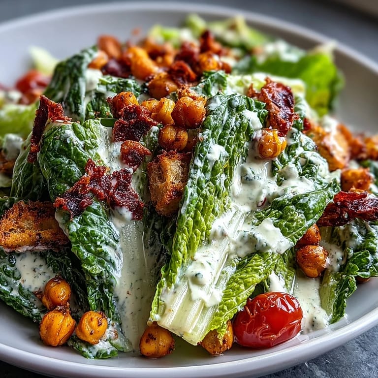 Fresh vegan Caesar salad piled high with crunchy chickpea croutons.