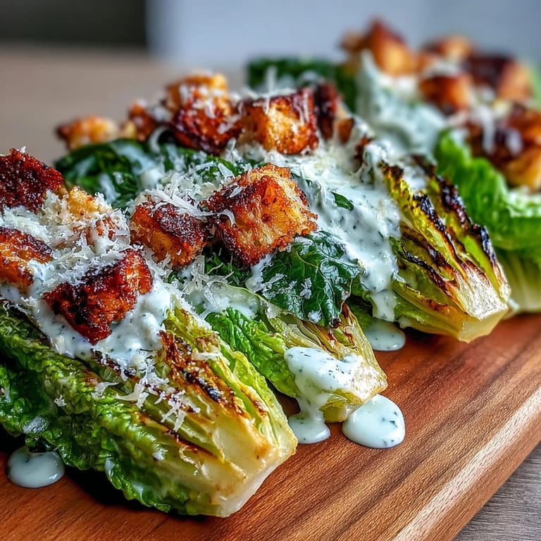 Warm, smoky Grilled Caesar Salad with creamy dressing and crunchy croutons.