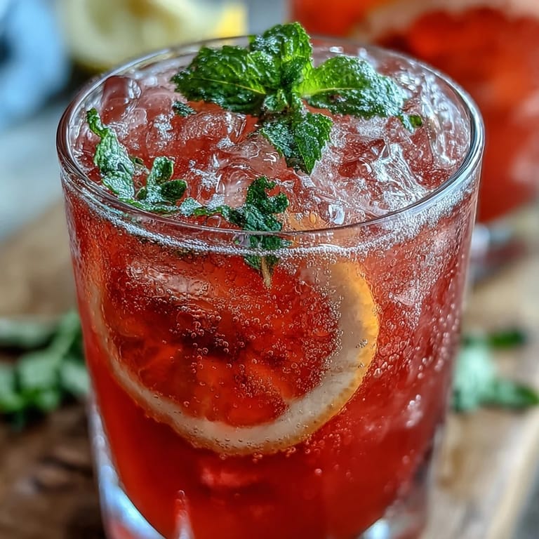 Sweet and tangy natural pink lemonade, garnished with fresh lemon slices and mint.