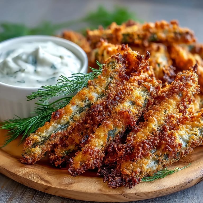 Appetizer-ready pickle fries, air-fried to perfection with a flavorful spicy dipping sauce.