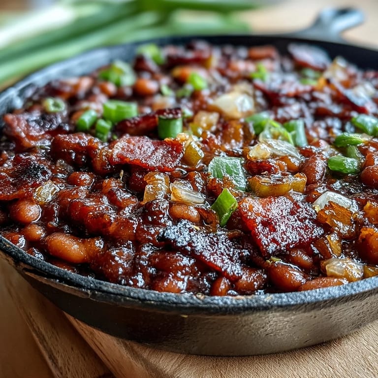 Hearty, slow-cooked Juneteenth BBQ Baked Beans with crispy bacon topping.