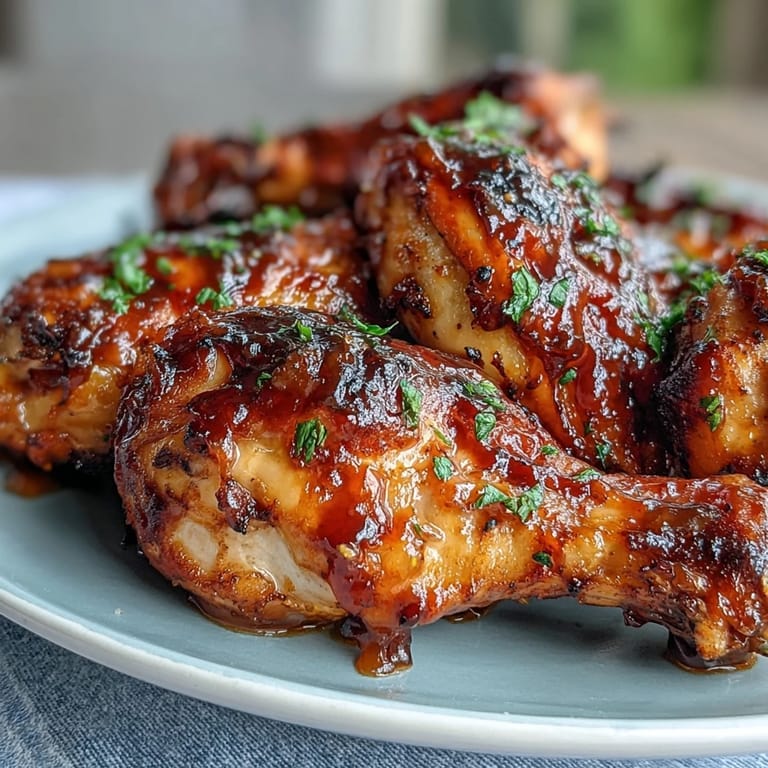 Tender, sticky BBQ chicken drumsticks glistening with a delicious peach glaze.