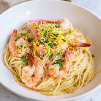 One-Skillet Lemon Garlic Shrimp Angel Hair Pasta with a bright, flavorful, creamy sauce.