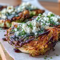Golden roasted Crispy Cabbage Steaks With Feta and Balsamic served warm on a rustic plate.
