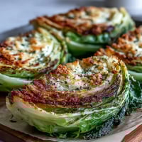 Golden Roasted Garlic Parmesan Cabbage Wedges with crispy edges, served hot on a rustic platter. 
