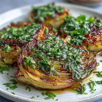 Golden roasted cabbage steaks with jalapeño chimichurri sauce on a rustic plate.  