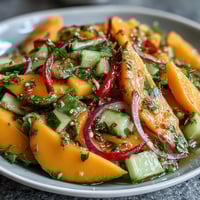 Bright strips of ripe mango mingle with crisp red bell pepper, cucumber, and red onion in a tangy lime-honey dressing flecked with cilantro, inspired by Thai flavors.