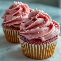 Freshly frosted Pink Velvet Cupcakes with Vanilla Buttercream Frosting are swirled high on a cooling rack.