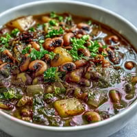 A bowl of Black-Eyed Pea Stew with Chefs Touch, featuring tender vegetables and fresh parsley garnish.