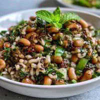 A colorful bowl of Southern Black Eyed Pea Salad with fresh mint and lemon vinaigrette, perfect for summer picnics.  
