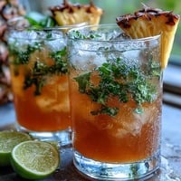 Refreshing pineapple basil agua fresca with juicy pineapple chunks and vibrant green basil leaves, served over ice with a lime wedge.
