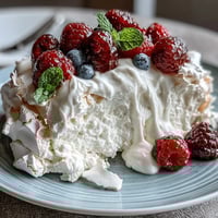 Beautiful Mothers Day Pavlova with Mixed Berries, a crisp meringue shell topped with whipped cream and vibrant fresh berries.