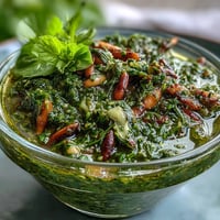 Vibrant dandelion pesto with garlic and pine nuts, served over fresh pasta with a sprinkle of Parmesan.