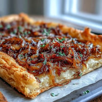 A golden French Onion Puff Pastry Tart with caramelized onions, Gruyère cheese, and fresh thyme on flaky pastry.