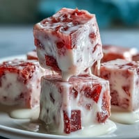 Fragrant strawberry rose gelatin mosaic cake, studded with jewel-like pieces.