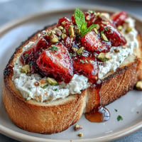 Strawberry Honey Ricotta Toast with Pistachios: Red berries shine on creamy cheese.