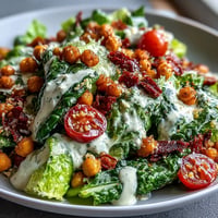 Vibrant vegan Caesar salad with crispy chickpea croutons and creamy dressing.