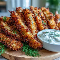 Crispy air fryer pickle fries with vibrant spicy mayo dip, a perfect snack.