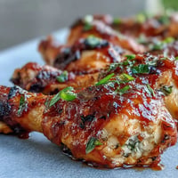 Juicy BBQ chicken drumsticks with spicy peach glaze, grilled golden brown.